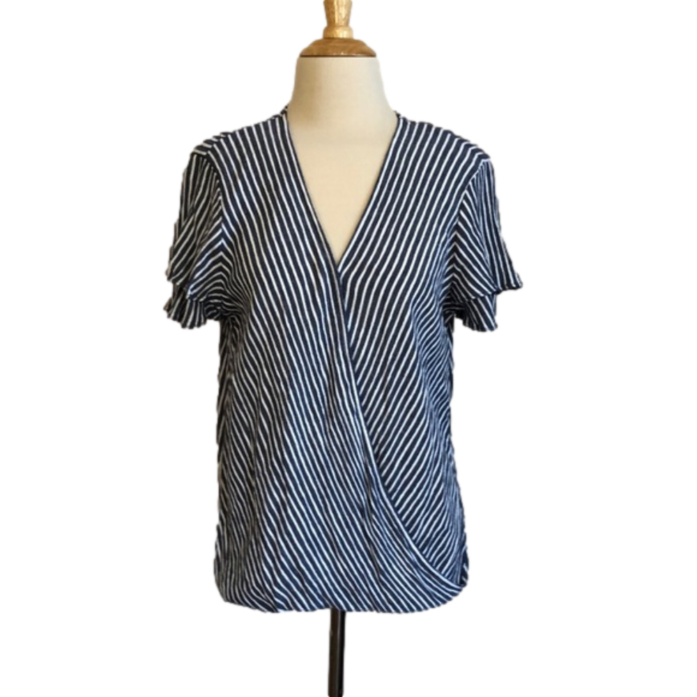 MICHAEL MICHAEL KORS‎ Dark Grey and White Striped Faux Wrap Blouse Top Size M